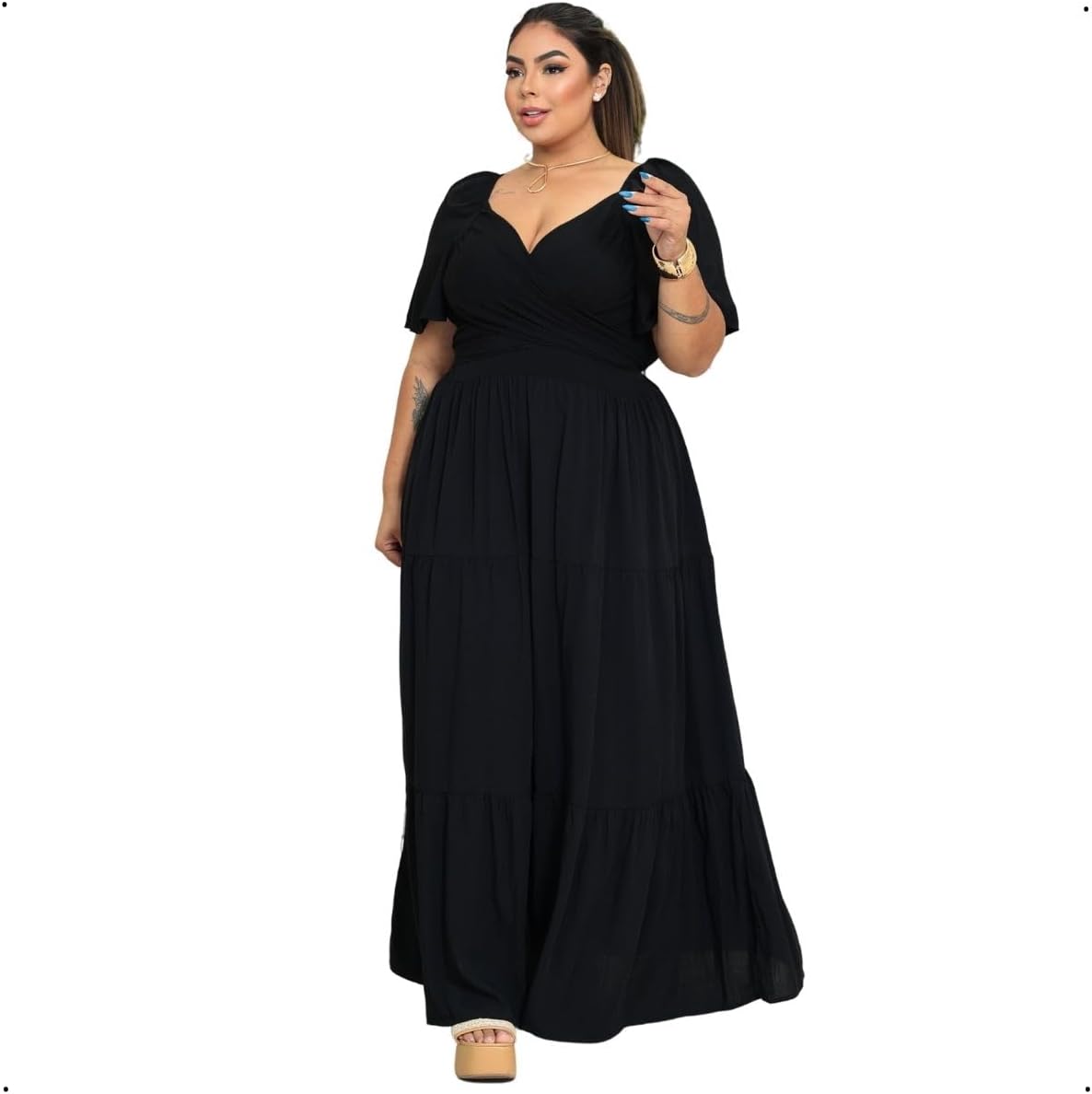 Vestido Longo Plus Size com Decote Cruzado e Manga Morcego