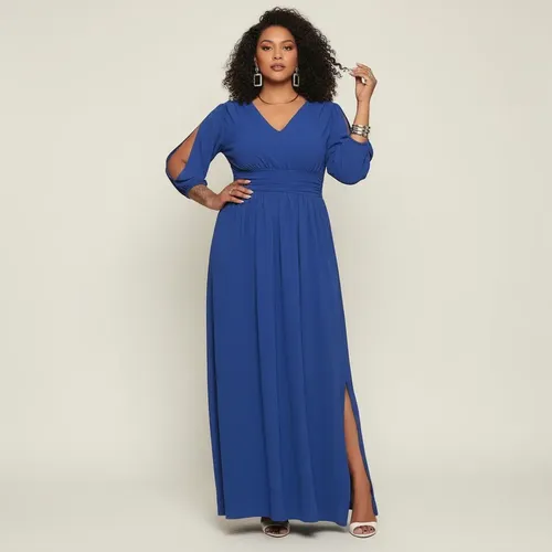 Vestido Longo Plus Size Feminino com Fenda e Manga 3/4