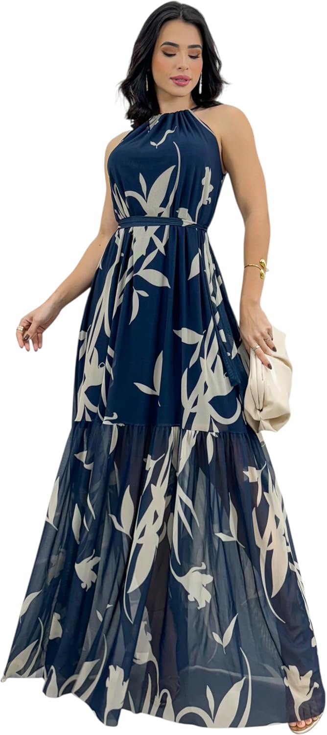 Vestido Longo em Tule com Decote Halter e Silhueta Fluida