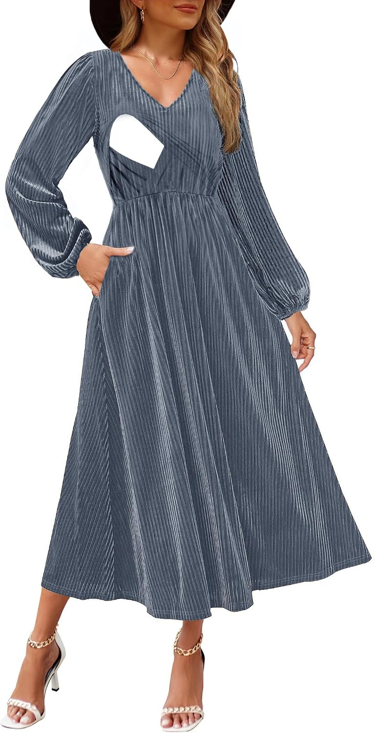 Vestido Longo de Veludo com Manga Comprida e Bolsos