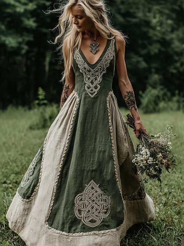 Vestido Maxi Feminino Medieval com Bordado Celta e Decote em V
