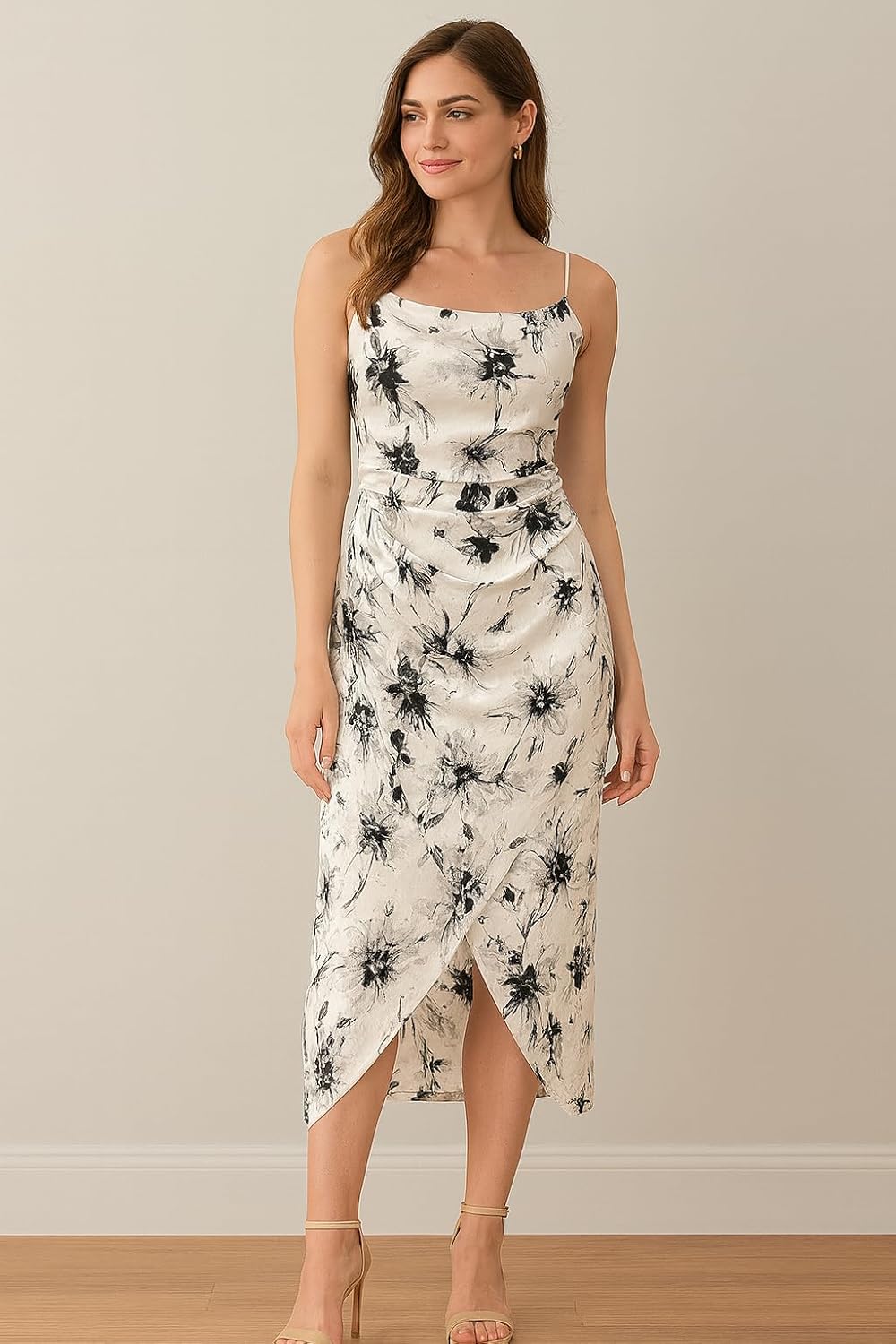 Vestido Midi Cetim Floral com Alça Ajustável e Drapeado