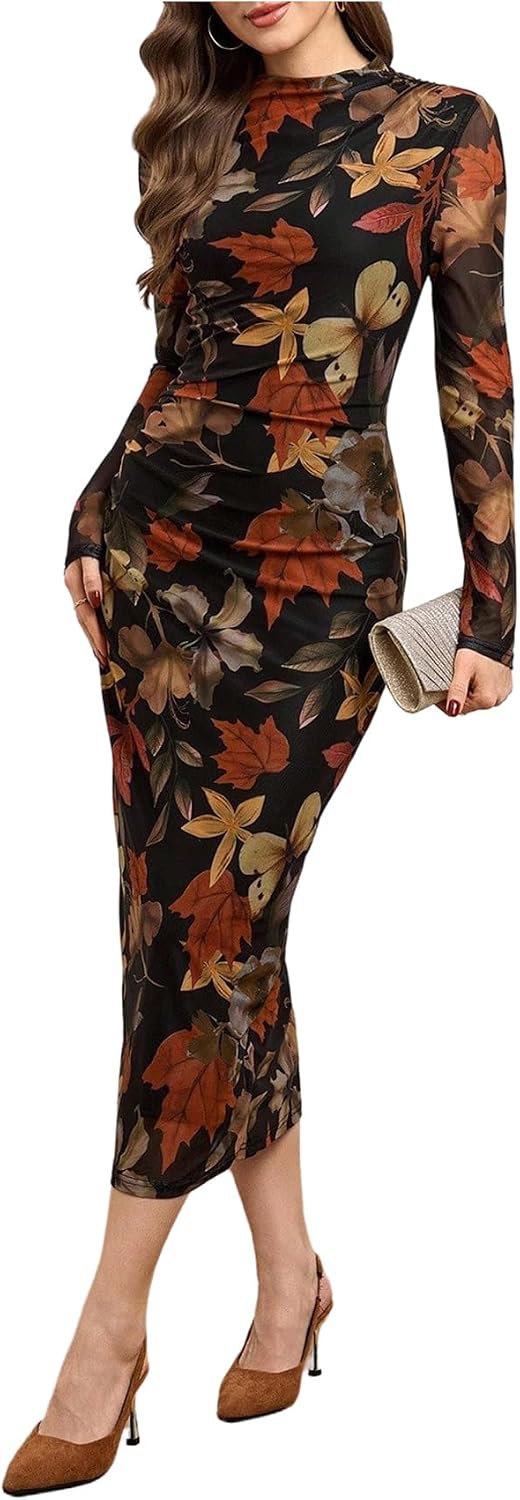 Vestido Midi Feminino com Estampa de Folha de Bordo e Manga Longa