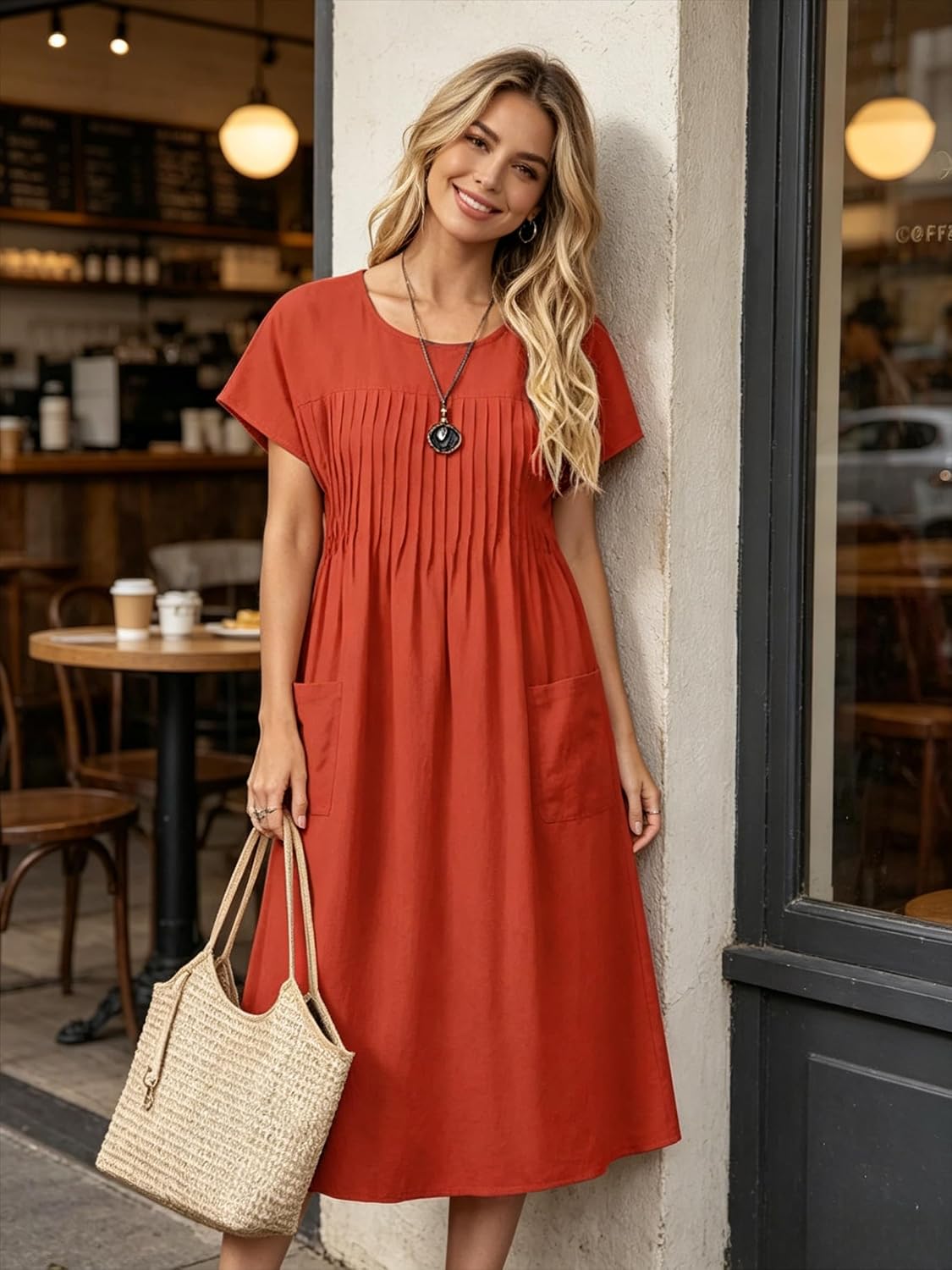 Vestido Midi Feminino de Linho e Algodão com Frente Plissada