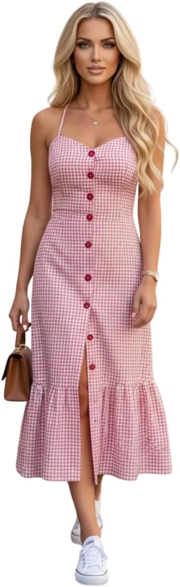 Vestido Midi Xadrez Retrô com Fenda e Babados