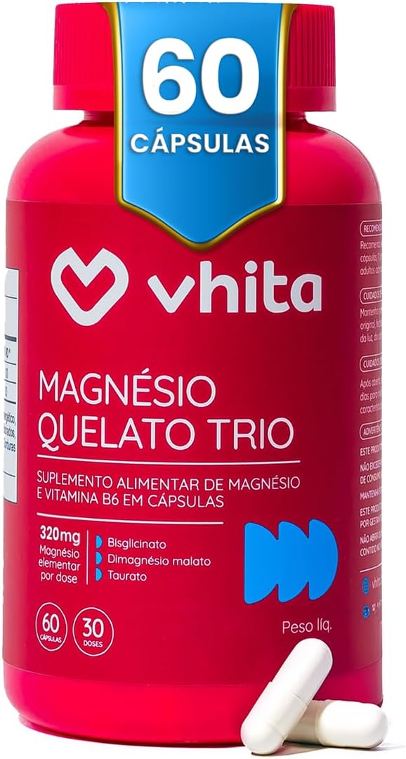 Suplemento Vhita Magnésio Quelato Trio 60 Cápsulas Frasco de suplemento Vhita Magnésio Quelato Trio com 60 cápsulas em fundo branco destacando as variações de magnésio