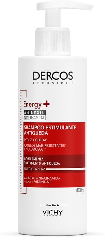 Vichy Dercos Energy+ 400g Shampoo Antiqueda Estimulante Frasco de shampoo branco e vermelho Vichy Dercos Energy+ focado no rótulo frontal com texto técnico