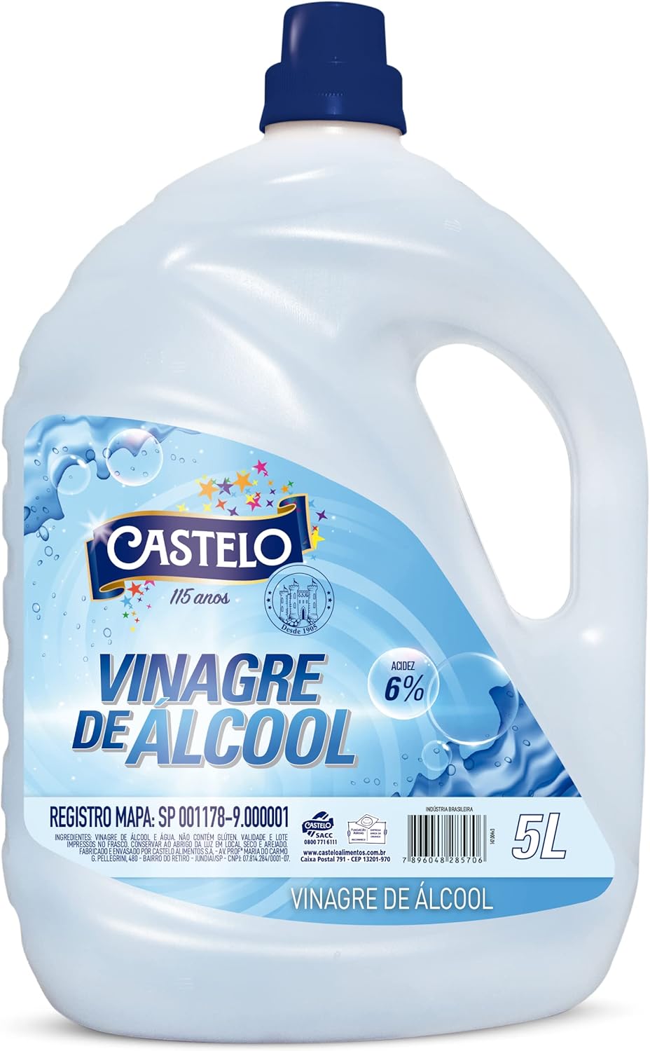 Vinagre de Álcool Concentrado Castelo 6% 5 Litros Galão branco de 5 litros de vinagre de álcool concentrado para limpeza da marca Castelo em fundo neutro