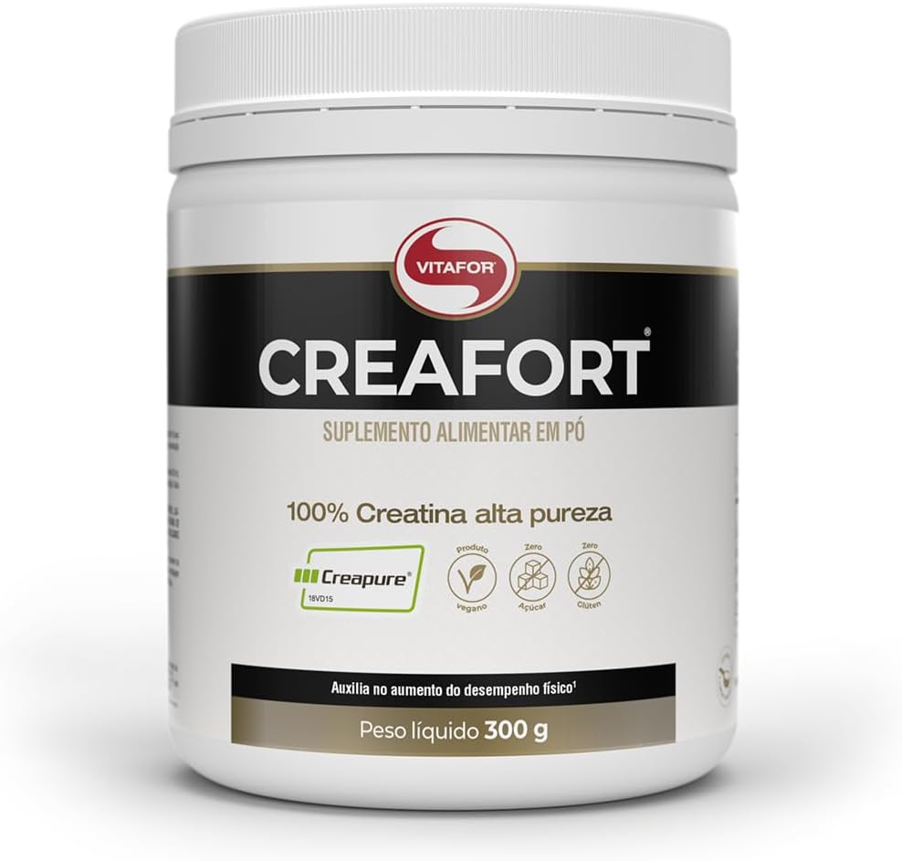 Vitafor Creafort Creatina Creapure 300g Pote de suplemento Vitafor Creafort Creatina 300g com selo de pureza Creapure em destaque