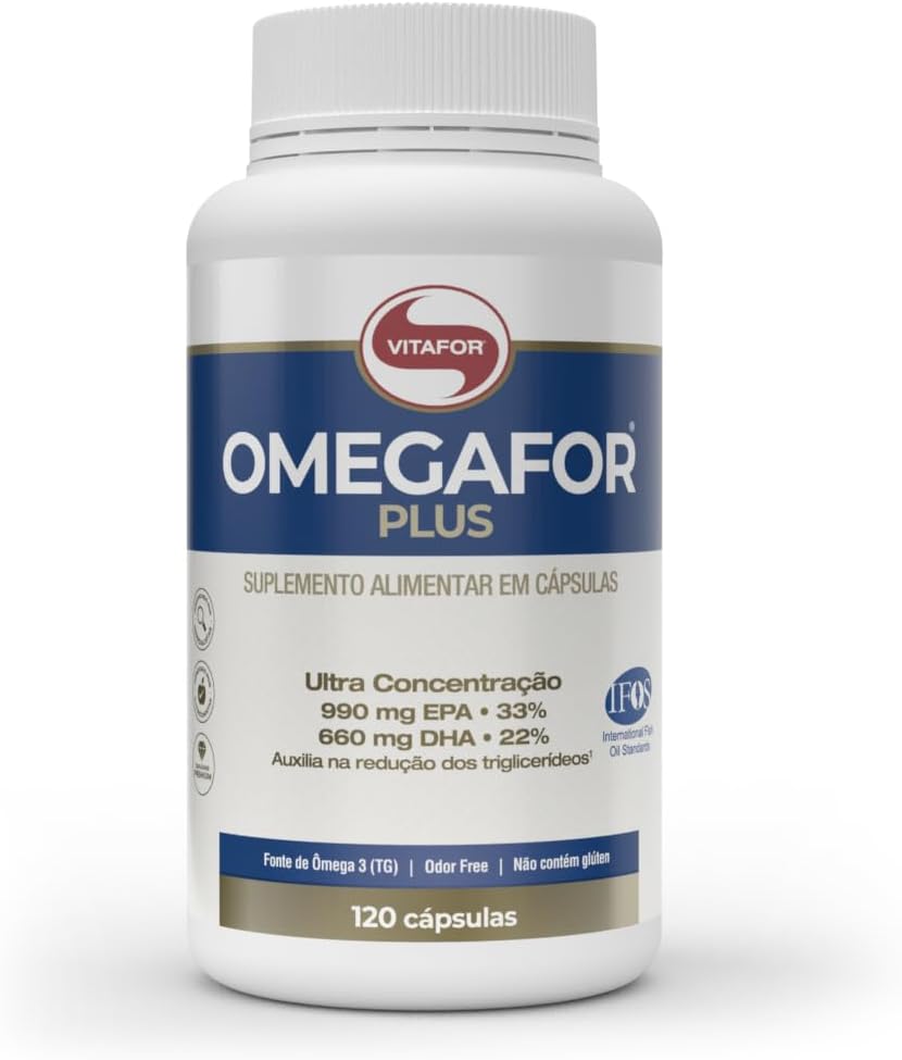 Suplemento Vitafor Omegafor Plus 120 Cápsulas Frasco de suplemento alimentar Omegafor Plus da marca Vitafor contendo 120 cápsulas gelatinosas de óleo de peixe