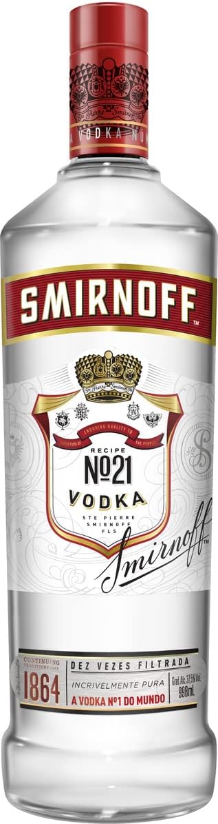 Vodka Smirnoff Nº 21 Pura 998ml Garrafa de Vodka Smirnoff Nº 21 de 998ml com rótulo vermelho clássico em fundo branco