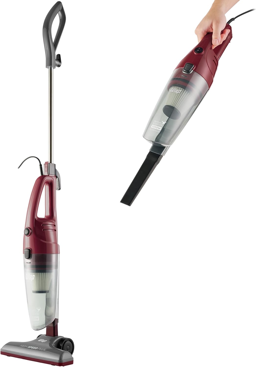 WAP High Speed Plus Aspirador Vertical 1350W Aspirador de pó vertical vermelho e preto estacionado em piso de madeira com cabo e bicos extras