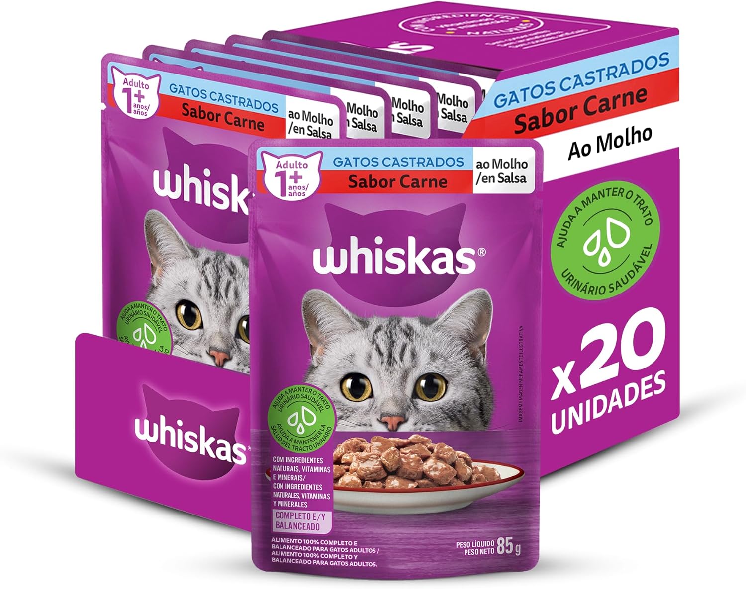 Pack Ração Úmida Whiskas Sachê Carne ao Molho para Gatos Castrados