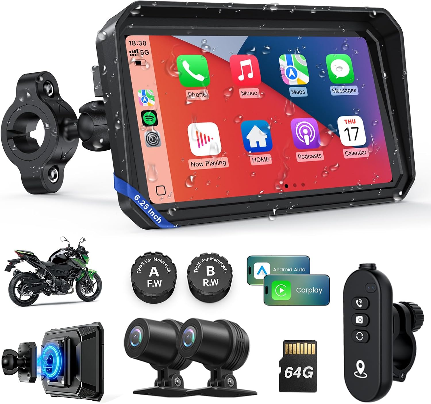 WonVon Tela CarPlay e Android Auto de 6,25 polegadas para Motocicleta