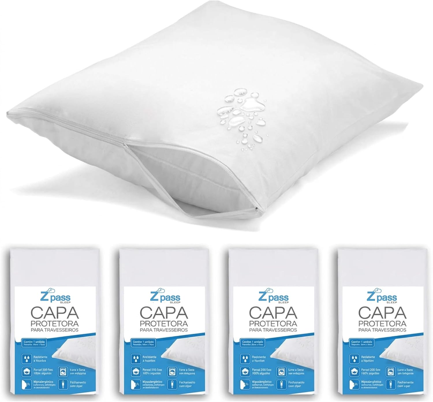 Kit 4 Capas de Travesseiro Impermeáveis Z Pass Sleep 200 Fios
