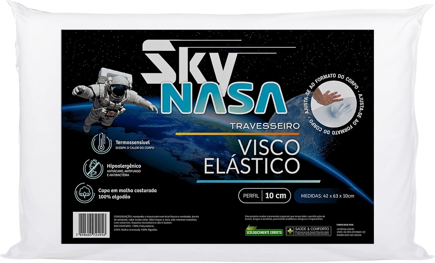 Z Pass Sleep Nasa Sky: Travesseiro Viscoelástico D40 com Capa de Algodão